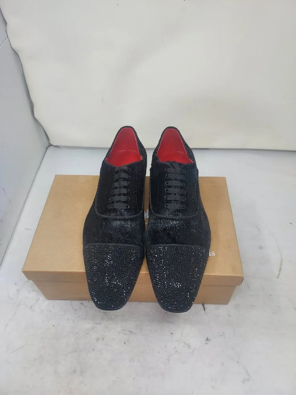 Christian Louboutin Black Greggy Chick Bejeweled Strass Lace Up Velvet Loafer